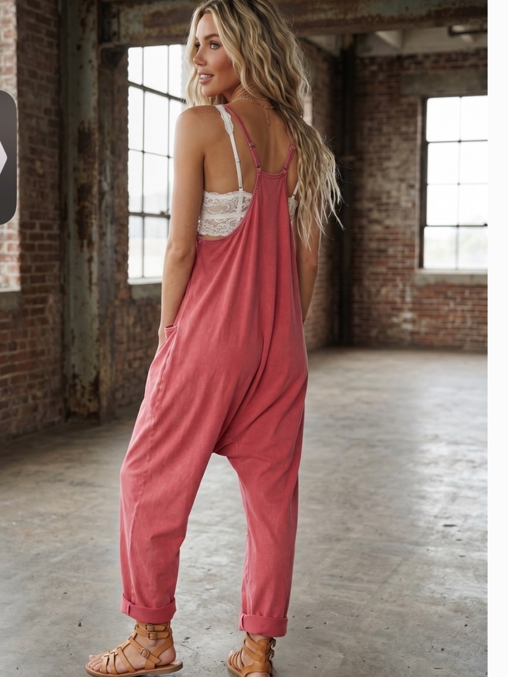 Double Zero Mineral Wash Strap Hot Shot Boho Jumpsuit Jumper Red Romper - Picture 3 of 7